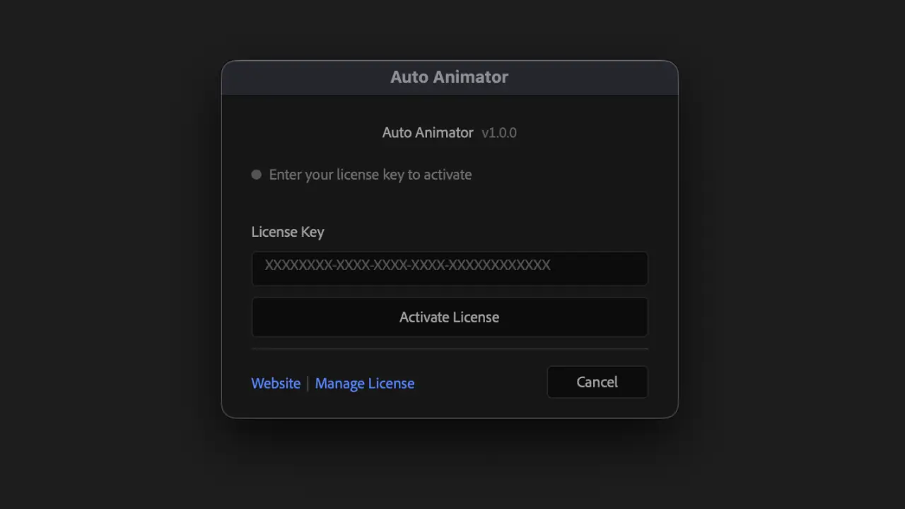 Auto Animator license activation window