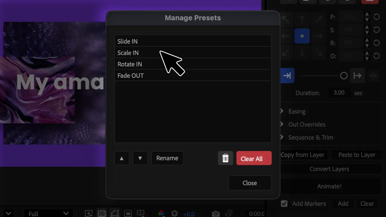 Manage Presets dialog with reorder, rename, delete and clear all options