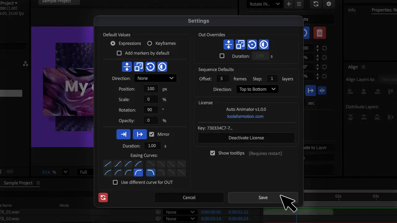 Settings dialog showing two-column layout with Default Values and Out Overrides