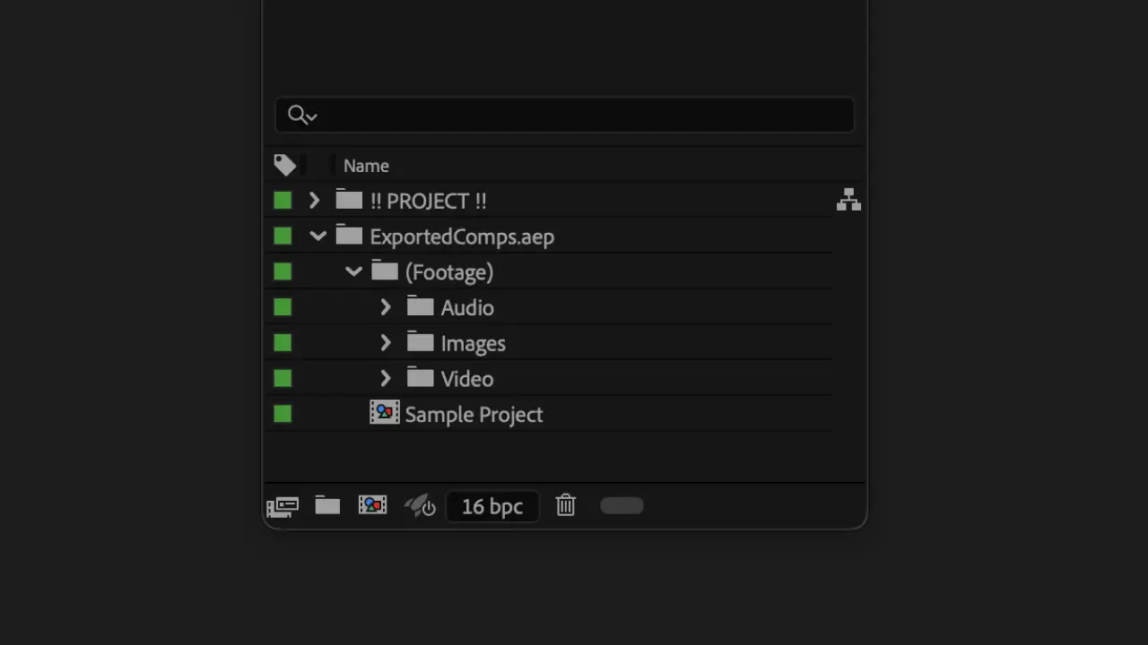 After Effects project panel showing imported items organized by type into Audio, Images, and Video folders