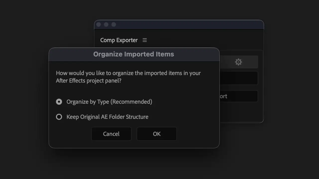 Import organization dialog showing Organize by Type and Keep Original AE Folder Structure options