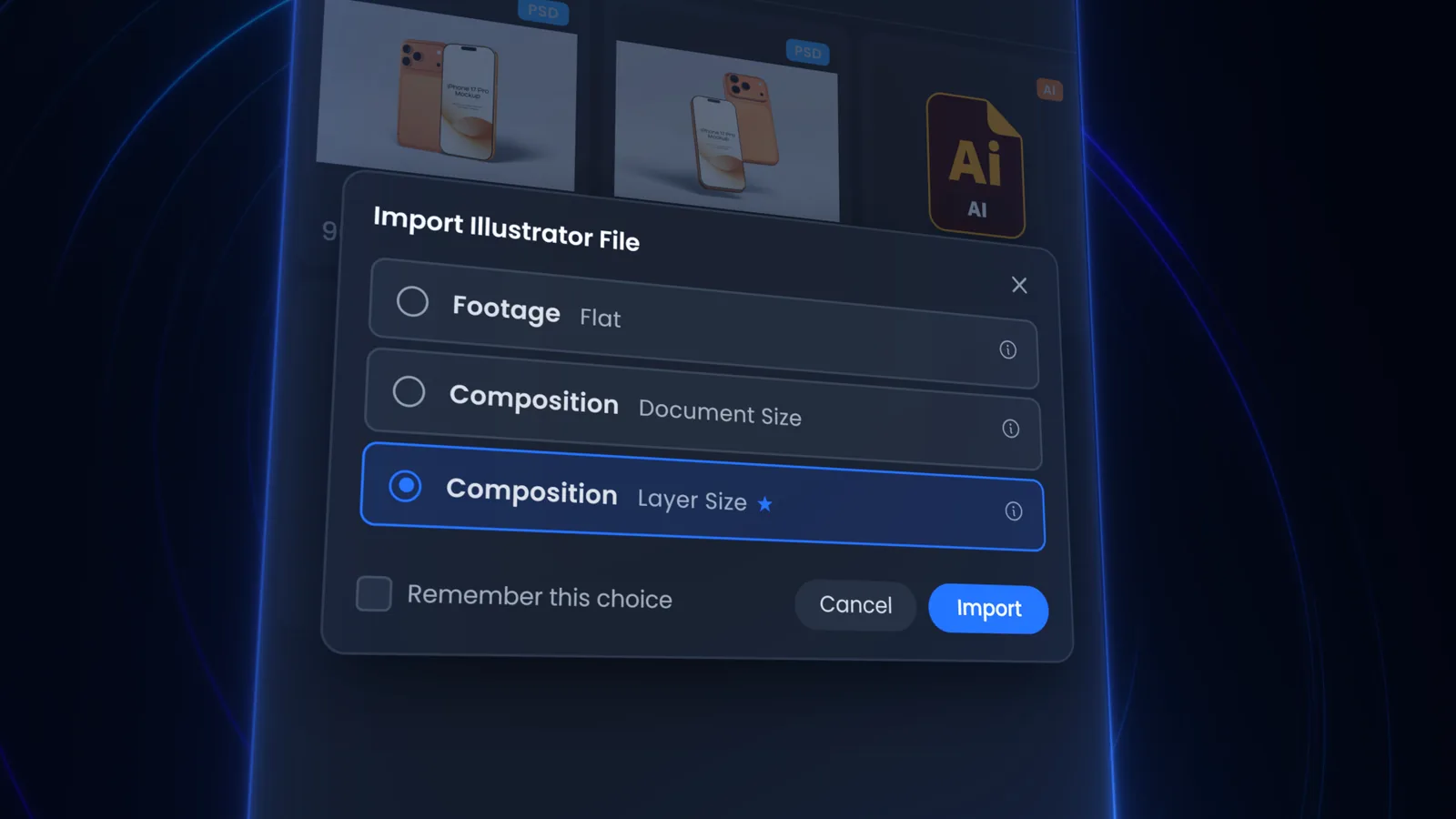 Library Pro asking how to import an Illustrator file, with footage, composition at document size and composition at layer size offered