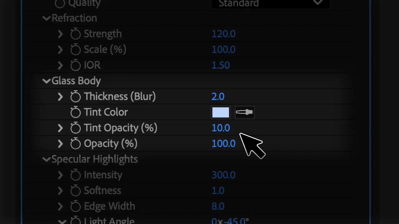 Glass Body group controls: Thickness, Tint Color, Tint Opacity, and Opacity