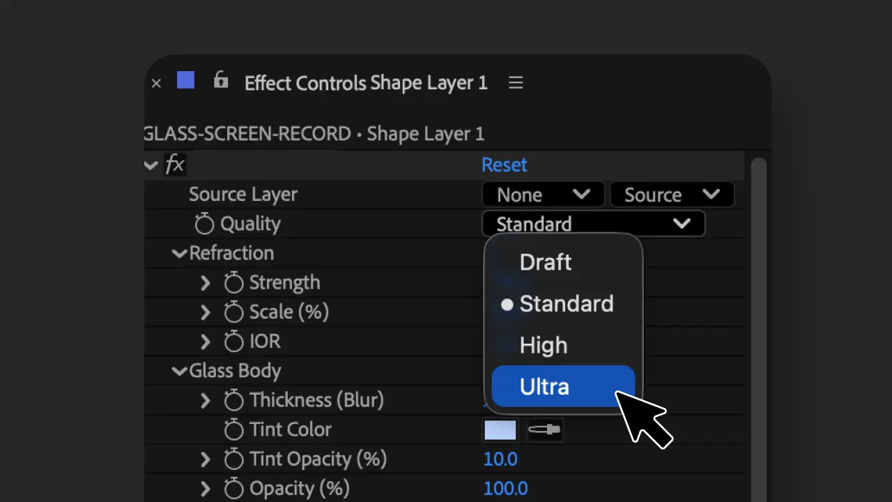 Quality dropdown showing Draft, Standard, High, and Ultra options