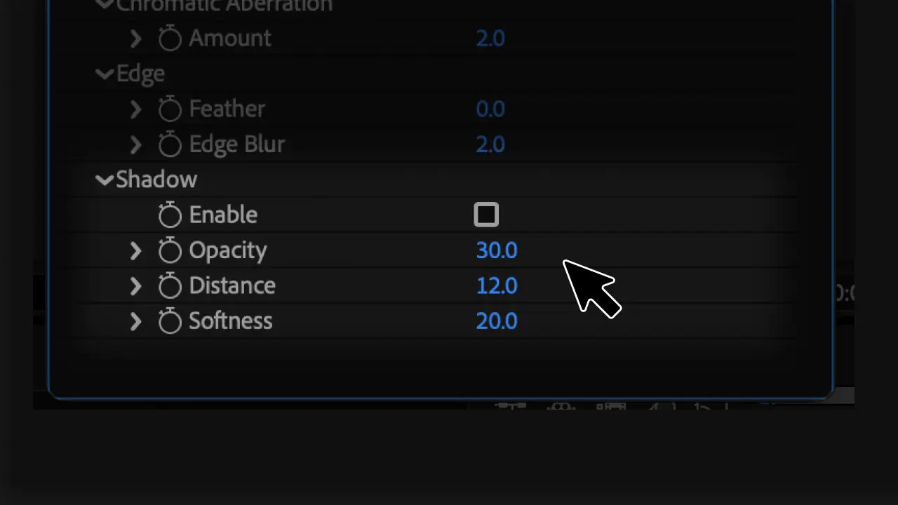 Shadow group controls: Enable, Opacity, Distance, and Softness