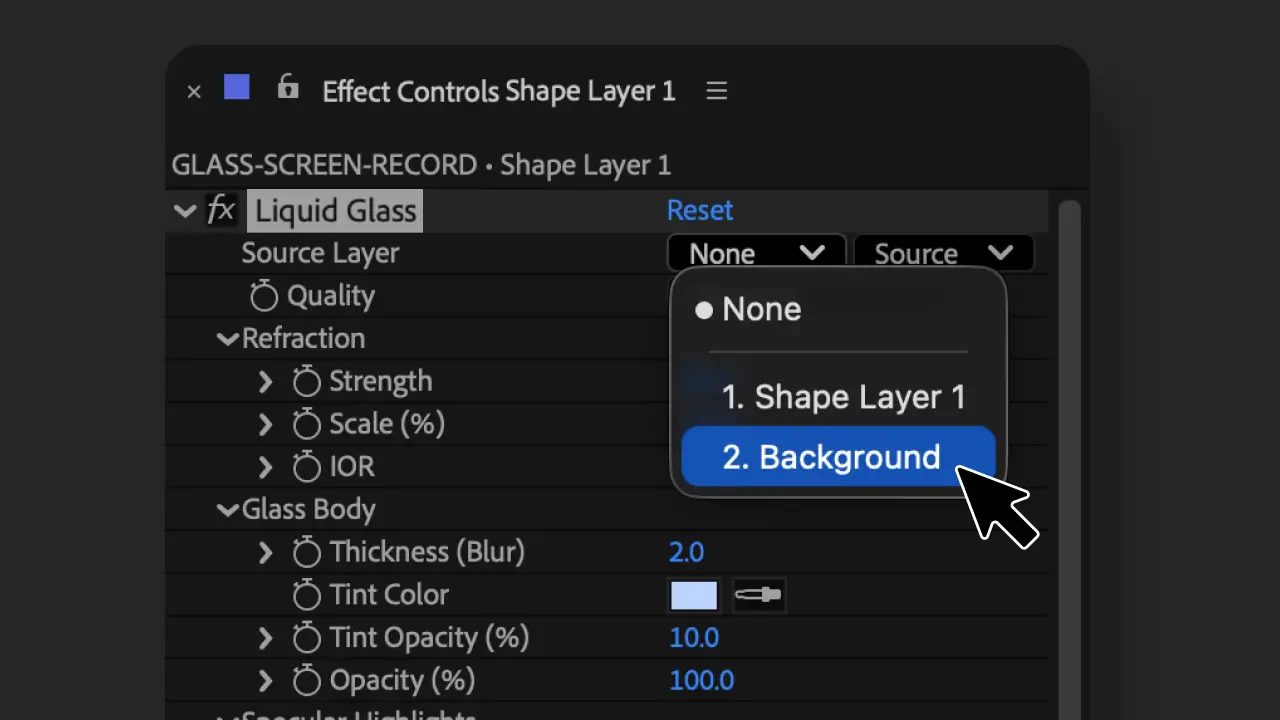 Source Layer dropdown in the Liquid Glass effect controls