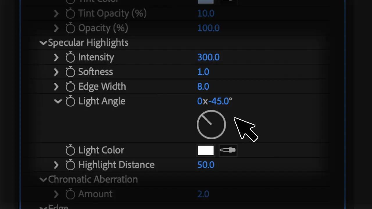 Specular Highlights group controls including Intensity, Softness, Edge Width, Light Angle, Light Color, and Highlight Distance